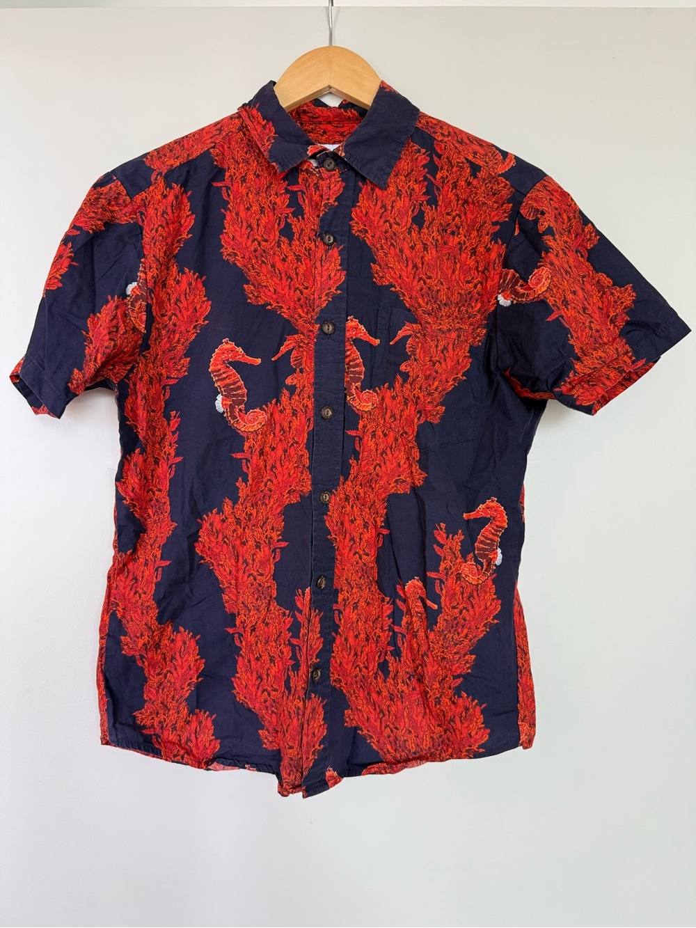 Men's Navy Short-Sleeve Button-Down Shirt with Red Seahorse Print